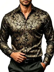 Vintage Men's Satin Baroque Paisley Print Long Sleeve Floral Shirt, Casual Collared Top, Slim-Fitting, All Seasons