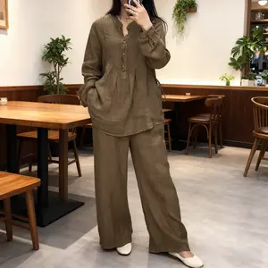2025 Autumn New Fashionable and Comfortable Cotton and Linen Long-sleeved Casual Pleated Wide-leg Pants Suit