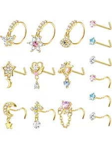 15Counts 20G Stainless Steel Nose Rings Hoop L Shape Nose Studs Nose Screw Bone CZ Heart Star Moon Flower Butterfly Nose Rings Fashion Body Jewelry for Women Men