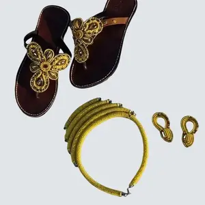 Handmade Outfit Combo with Embroidered Sandals Yellow Beaded Necklace & Earrings for Women Elegant Fashion Set Unique Stylish Accessories