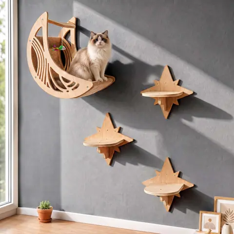 Moon & Star Wooden Cat Wall Shelves - Climb-Ready, Rounded Edge Safe Pet Furniture with Decorative Cutouts, Pre-Drilled Holes for Easy Wall Setup, Space-Saving Floating Perch Home Decor for Indoor Cats (Bedroom, Living Room)