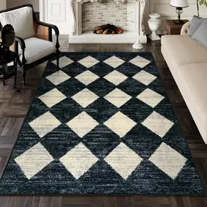 Moroccan Trellis Area Rug - 5x7 Black Washable Large Rugs for Bedroom Living Room Mat, Checkered Soft Non Slip Stain Resistance Indoor Carpet for Dining Room Coffee Table