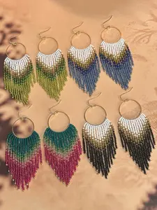 Geometric Metal Hoop Beaded Fringe Earrings Bohemian Handmade Glass Beads Earrings Hook Seed Bead Women's Fashion Dangle Earrings Jewelry Accessories Earring Beads Jewelry Making Gift for Friends Boho Style Jewelry