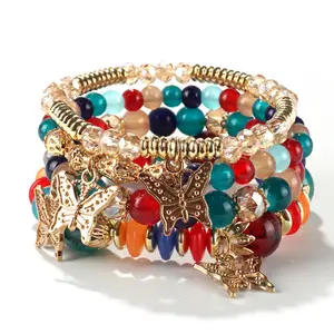 4Pcs Boho Butterfly Beaded Bracelet Set for Women, Gold Charm Stackable Layered Bangle, Pink Crystal Bohemian Statement Jewelry Gift