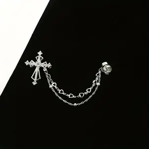 Fashionable High-End Men's Brooch with Cross Heart and Chain Design Badge for Suit Clothing Accessory