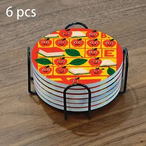 6-piece ceramic coaster set, featuring a design of red apples and book illustrations symbolizing happy learning. These heat-resistant, non-slip coasters with holders are perfect for home, dining, and beverage decoration.