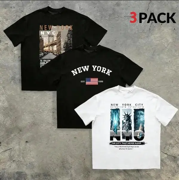 Men’s Loose Street Style T-Shirt Set, 3 Pieces – 100% Cotton, Vintage New York, Legendary 1973, FAFO prints; TikTok trendy urban loose set, city street-style loose casual T-shirts., Top, Menswear, Shortsleeve, Round Neck
