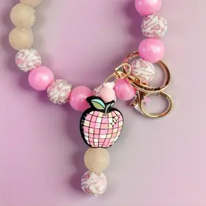 Silicone Wristlet Keychain - Durable Bracelet Keychain with Pink Apple Charm, Customizable Size for Fashion Accessory Enthusiasts