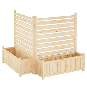 Garvee Wooden Air Conditioner Cover and Trash Bin Concealer with Foldable Privacy Fence and Two Side Planters, Decorative Garden and Terrace Panel, Yellow Varnish, 160x75x105cm