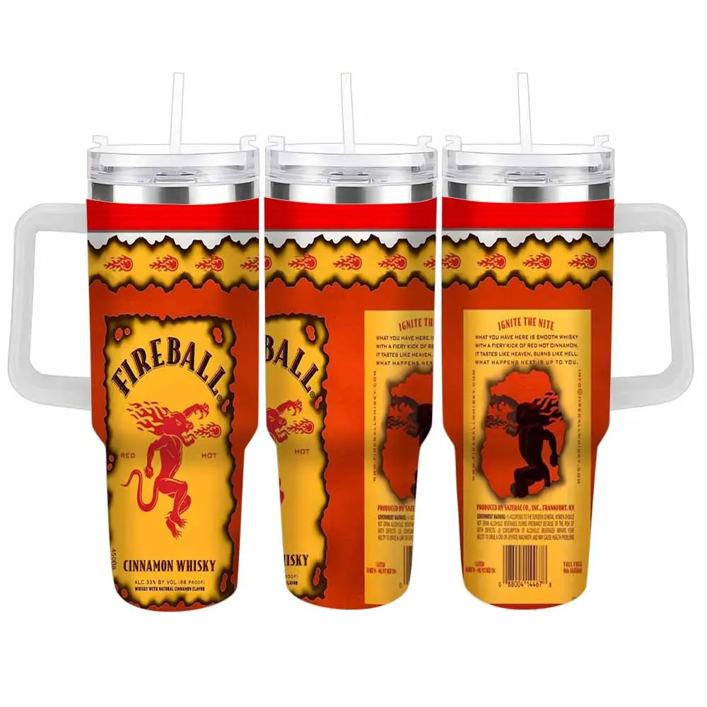 Fireball Cinnamon Whisky Inspired Portable Vacuum Flask Tumbler (40oz/30oz) - Iconic Flaming Dragon Graphic, Double-Walled Insulation, Stainless Steel, Lid Included - Ideal for Tailgating, Outdoor Camping, Birthday Gifts, Flasks