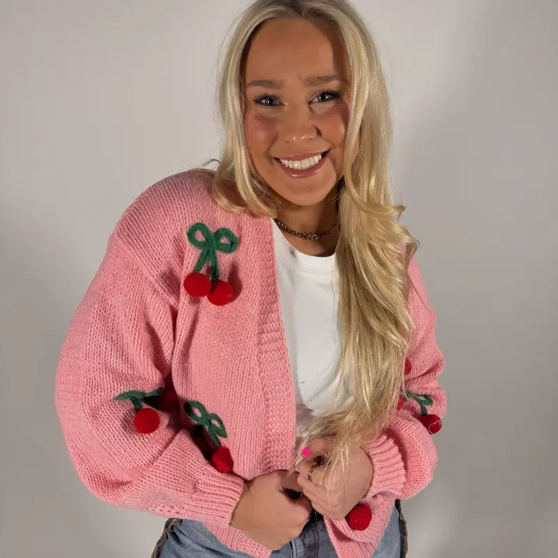 Cherry Long Sleeve Knit Cardigan - Knitwear for Women, Red Cherry Embellishments, Pink Color, Comfortable Fit - Womenswear