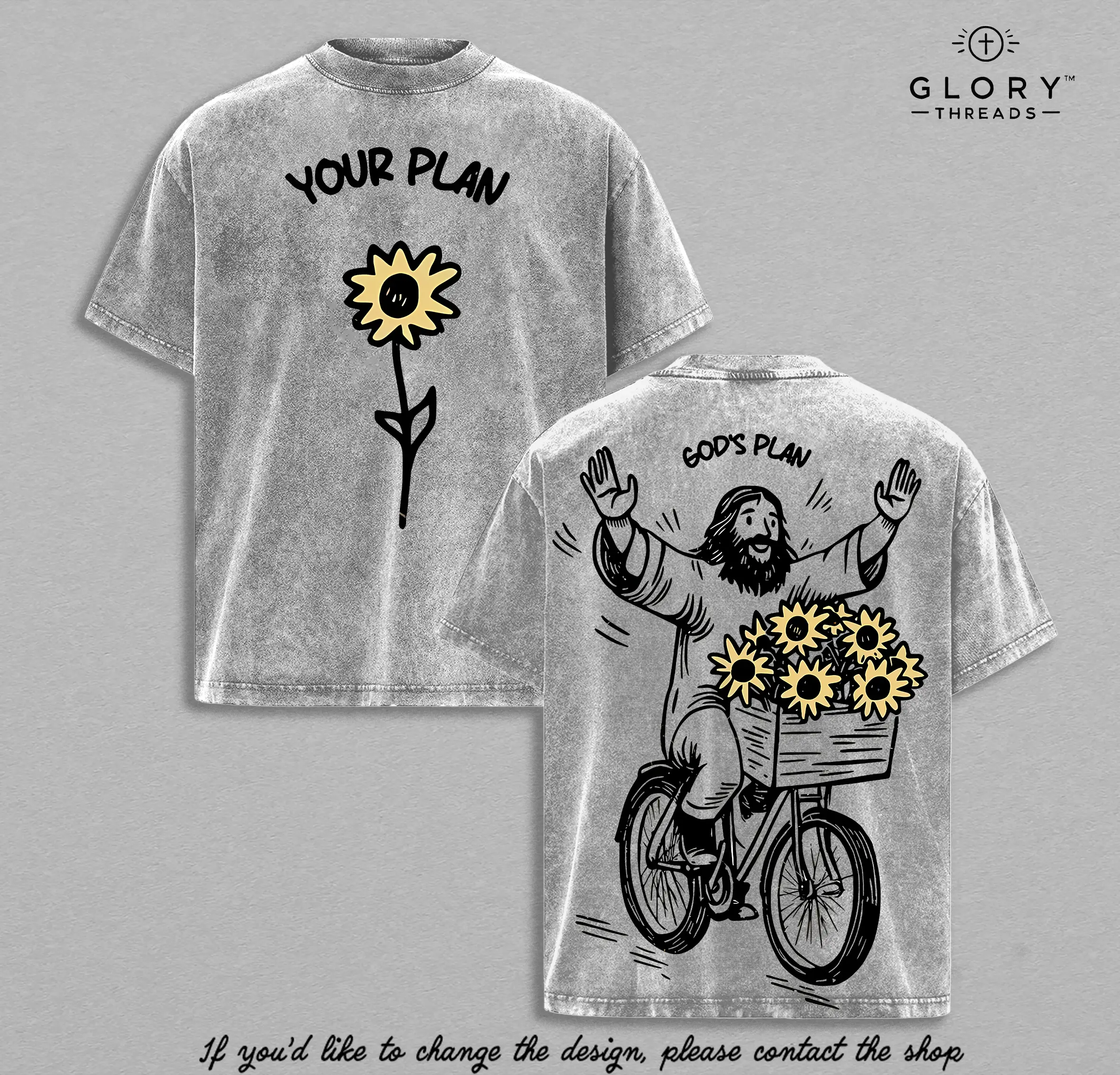 YOUR PLAN GOD’S PLAN Christian T Shirt Washed Sunflower Jesus Illustration Heavy Cotton Streetwear Faith Graphic Unisex Relaxed Fit Inspirational Religious Tee Aesthetic Merry Christmas