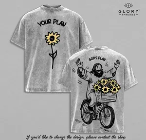YOUR PLAN GOD’S PLAN Christian T Shirt Washed Sunflower Jesus Illustration Heavy Cotton Streetwear Faith Graphic Unisex Relaxed Fit Inspirational Religious Tee Aesthetic Merry Christmas