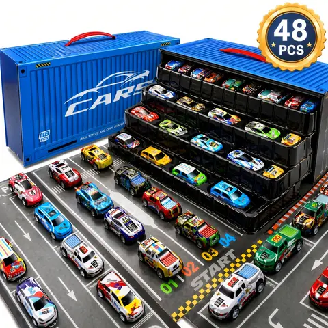 48PCS Mini Pull Back Toy Car Set for Kids, Colorful Racing Vehicles with Multi-Layer Storage Case, Fold-Out City Road Play Mat and Portable Carry Box