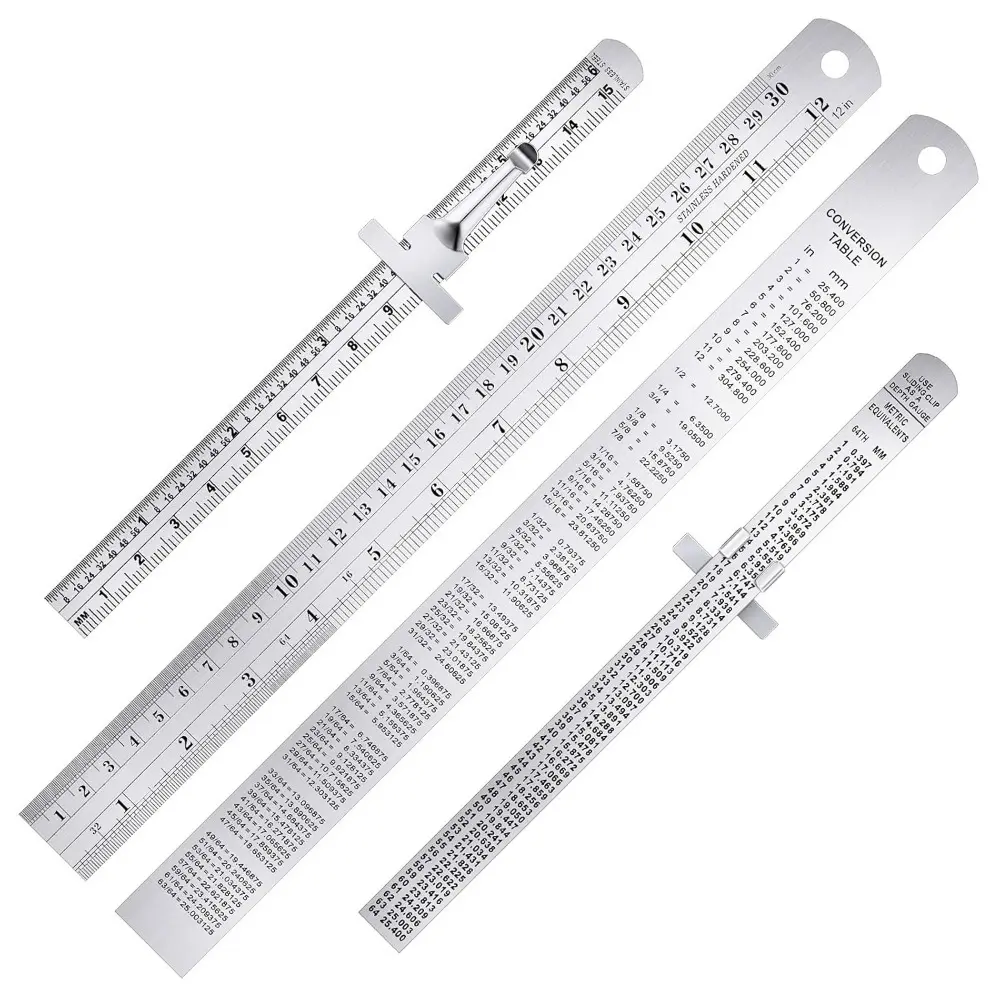 4-Piece Multi-Size Pocket Ruler Set - 6in & 12in Stainless Steel Tools with Detachable Clips, Engraved Black Scales, Inch & Metric Graduation for Office, Engineering, Drawing (Home Supplies)