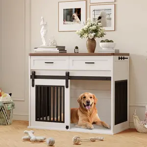 Garvee 44.5'' Indoor Wooden Dog Crate Furniture with Sliding Barn Door, Rust-Proof Metal Frame, Storage Space - Modern End Table/Coffee Table for Medium to Large Dogs