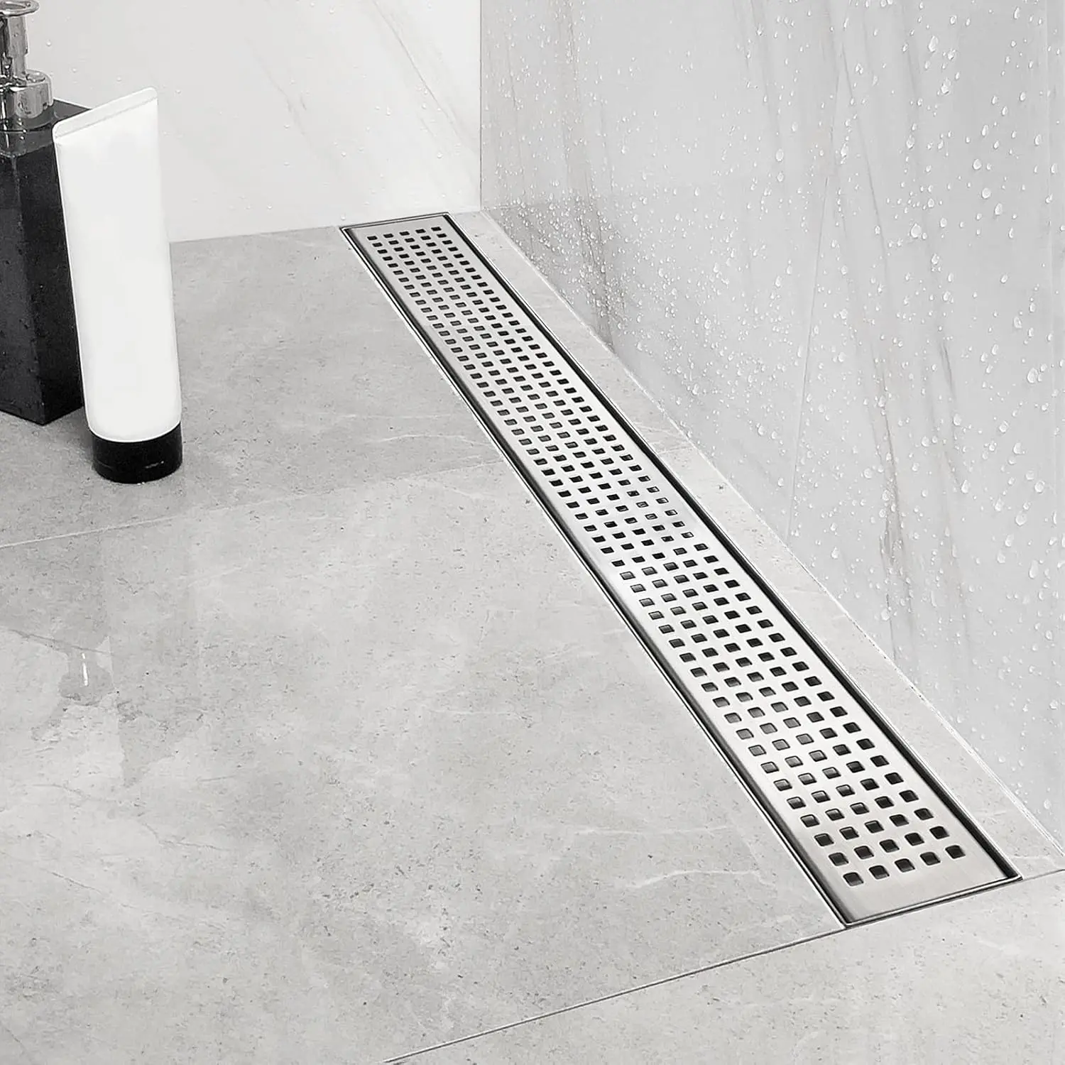 24-Inch Linear Shower Drain with Quadrato  Grate,Brushed 304 Stainless Steel Rectangle Shower Floor Drain,Linear Drain with Leveling ,Hair Strainer
