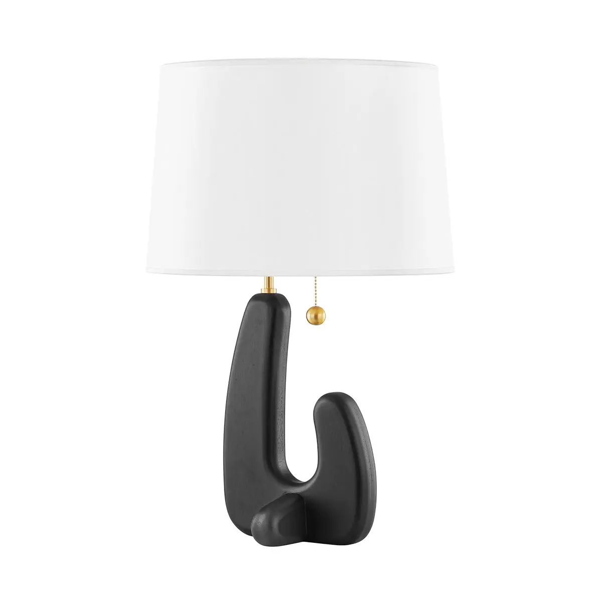 Regina Table Lamp with Beaded Pull Chain, Blackened Wood Base, Cream Shade, and Aged Brass Accents