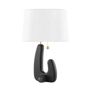 Regina Table Lamp with Beaded Pull Chain, Blackened Wood Base, Cream Shade, and Aged Brass Accents