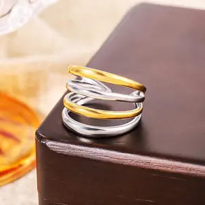 Four-Layer Stainless Steel Open Ring with Dual-Tone Stacked Design, Material That Won'T Fade, Perfect for Fashion Enthusiasts' Daily Styling