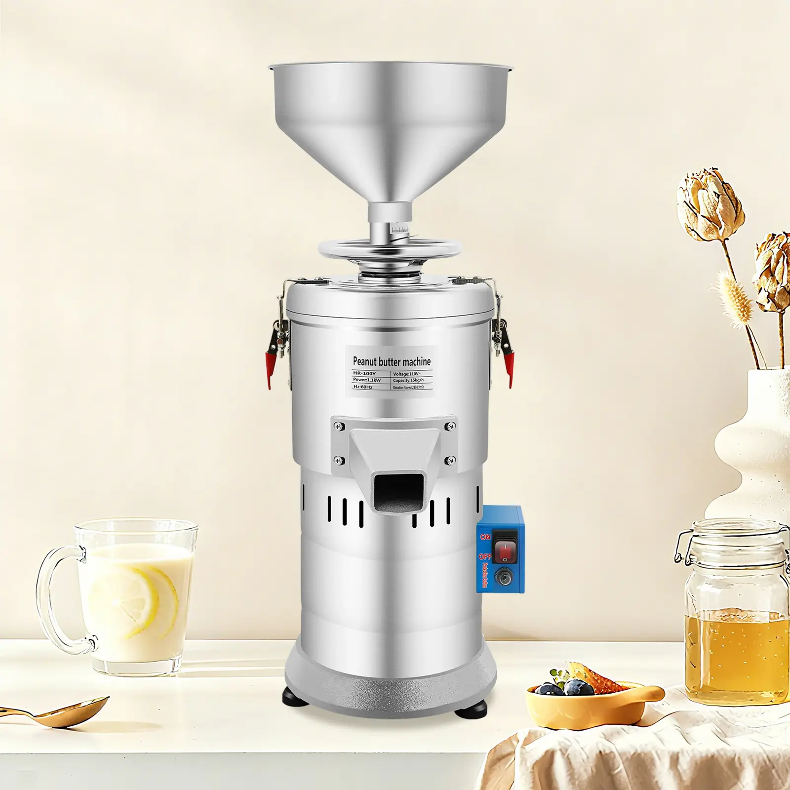 1PC Silver Freestanding Electric Mill Grinder Machine - 1100W Pure Copper Motor, 15KG/H Grinding Capacity, Aluminum Alloy Build, Commercial Peanut Butter & Sesame Paste Maker for Home Business Use