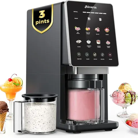 Alcarin 10-Program Self-Cleaning Frozen Treat Maker & Electric Ice Cream Maker, Low-Noise Operation, 3 Pints, Mix-In & Re-Spin, Gelato, Sorbet, Frozen Yogurt & High-Protein Desserts
