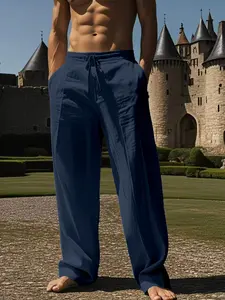 Men’s comfortable solid-color straight-leg pants—casual loose fit with drawstring elastic waistband and pockets; long pants suitable for summer beach vacations and everyday wear.