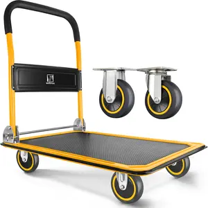 Wellmax Push Cart Dolly with 660lb Weight Capacity, 360 Degree Swivel Wheels, Foldable Design & Yellow Color for Easy Storage
