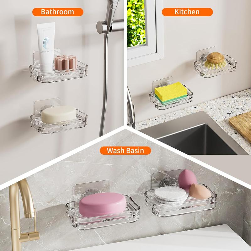 Bar Soap Dish 2 Pack,Self Draining Soap Holder for Shower,Wall Mounted Soap Saver with Strong Adhesive, No Drilling Clear Plastic Holder for Bathroom Storage & Kitchen Sink Organizer,Keeps Soap Dry