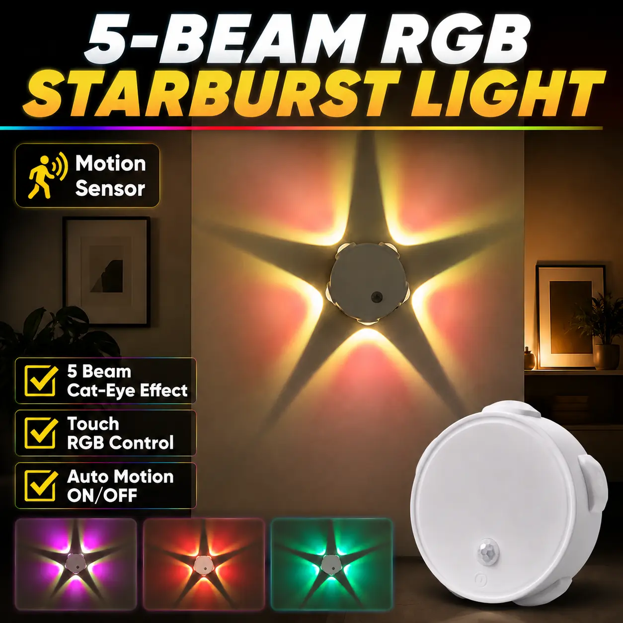 5-Beam RGB Starburst Wall Light - Gaming Accessories with Motion Sensor, Cat-Eye LED Effect, Touch Dimming, Magnetic Wireless Installation, Secondary (Rechargeable) Colorful Lights, Star Pattern Ambient Decor for Gaming Room, Bedroom