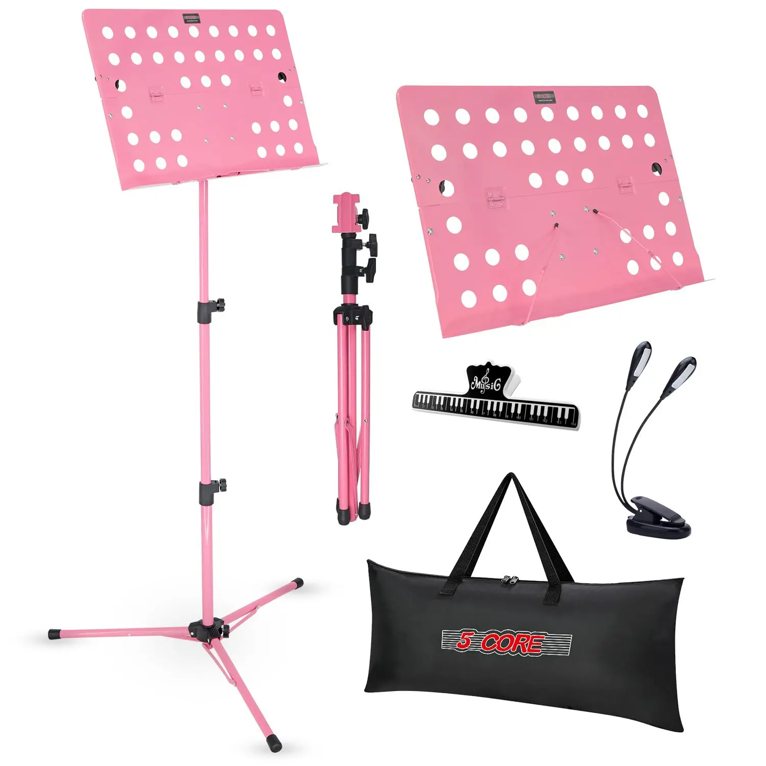 5 Core Heavy Duty Portable Folding Sheet Music Stand, Height-Adjustable 23-57 in for Sitting & Standing, Spacious Tray, Integrated Page Holders Clips, Carry Bag, Violin Holder, 13.25 lb Capacity - MUS FLD HD ACC PNK