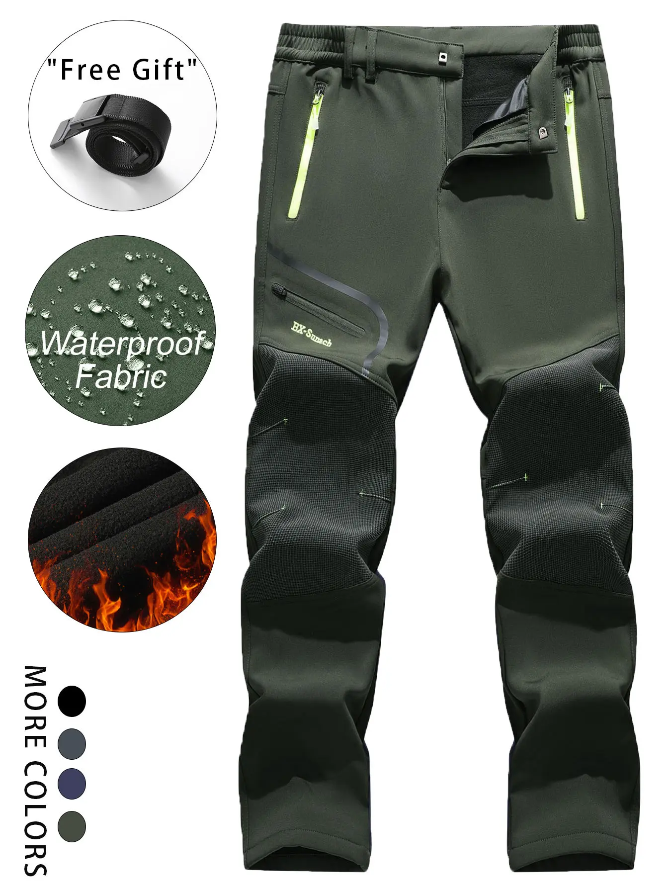 Outdoor Softshell Waterproof Windproof Pants, Knee Reinforced, Multiple Zipper Pockets, Belted, Sporty Design, Hiking, Climbing, Skiing, Cycling, Fishing, Sporty Style Clothes
