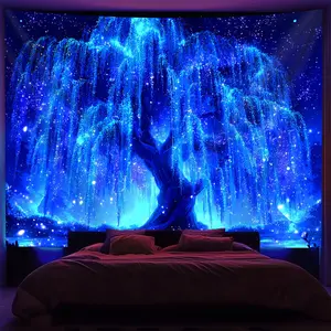Shimmering Starry Sky Pattern Life Tree Banner Tapestry, Printed Decorative Wall Hanging for Bedroom Aesthetic, Party Celebration Decor, Home Decoration