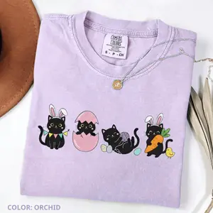 Comfort Colors Black Cat Easter T-Shirt, Cute Easter T-Shirt, Cat Lover Gift, Spring Vibe Tee Crewneck