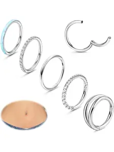 5PCS Belly Button Bars for Women 14G Surgical Steel Belly Button Hoop Hinged Navel Ring Cubic Zirconia Opal Hinged Seamless Clicker Belly Button Piercing Body Jewelry