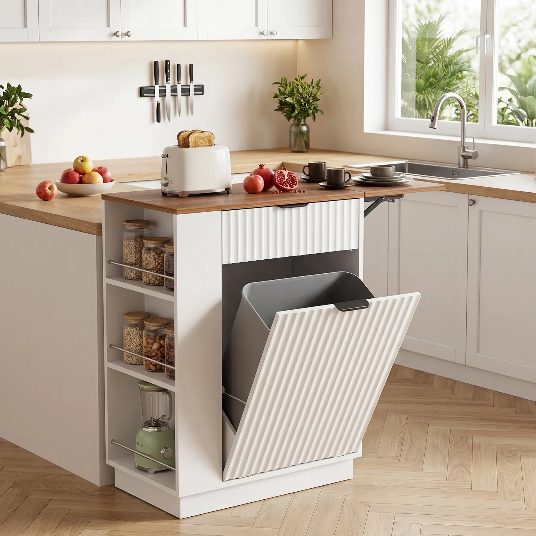 Oakault 10 Gal Smooth Tilt-Out Trash Can Cabinet - Sturdy Wood Kitchen Floor Cabinet with Drop Leaf, Drawer, 3 Side Shelves, Hidden Design, 50 lbs Strong Load Capacity for Kitchen, Cleaning Room (White)