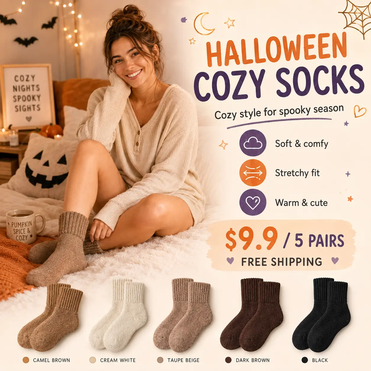 PlusJolie Women’s Cozy Crew Socks 5-Pack, Soft Warm Stretchy Mid-Calf Socks for Fall Winter, Everyday Boot Socks, Halloween Gift