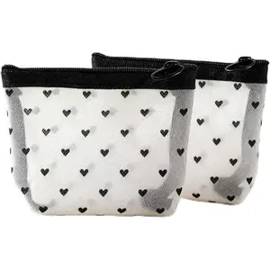 2PCS Mini Cosmetic Bags,Coin Purse,Mesh Mini Makeup Travel Beach Vacation Bag, Small Toiletry Purse Heart Print Mesh Zipper Bags