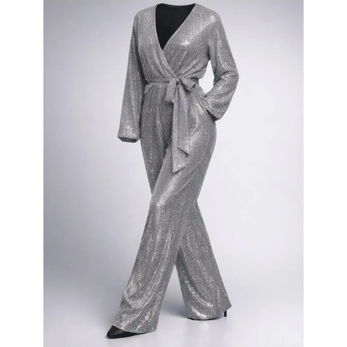 Silver Jumpsuit with V-Neck, Long Sleeves, and Tie Waist, $10