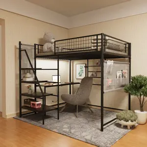 Full Size Loft Bed Heavy-Duty Metal Frame with built-in charging station and LED lighting, Noise Free, for bedroom and dormitory
