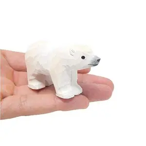 White Polar Bear - Small 2" Wooden Figurine - Arctic North Pole Snow Antarctica Carving Hand-Made Decoration Miniature Animals Woodwork
