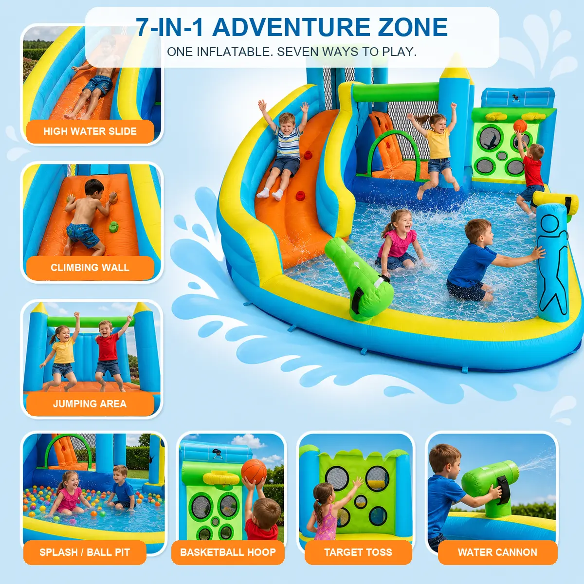 7-in-1 Inflatable Bounce House with Water Slide for Kids, Jumping Castle with 480W Blower, Climbing Wall, Splash Pool, Water Gun & Basketball Hoop for Backyard and Outdoor Parties