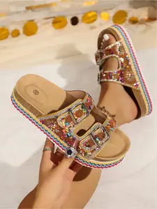 Women's Bohemian Wedge Slides, Beaded Rhinestone Platform Sandals for Summer Beach, Fashionable Wedge Shoes