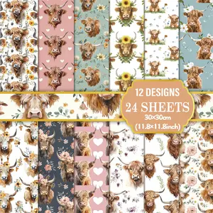 24 Pcs Highland Cow Watercolor Paper Set, Craft Kits, Handmade Scrapbook Craft Papers, Perfect for Gift Wrapping & DIY Projects