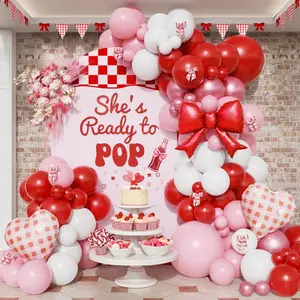 144Pcs She's Ready to Pop Balloon Garland Kit, Pink Red White Balloon with Bow foil Balloon Arch Decorations for Girl Baby Shower Birthday Ready to Pop Party Supplies