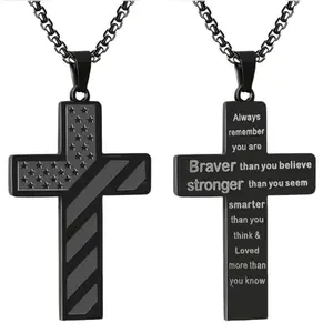 Religious Men's Cross Pendant Necklace Thanos Necklace Stainless Steel Cross BlackPendant Fashion Necklace, Bible Verse American FlacPendant Chain, for Men, Husband, Father, Mother'sDay Gifts Patriotic Stainless Steel Cross Necklace