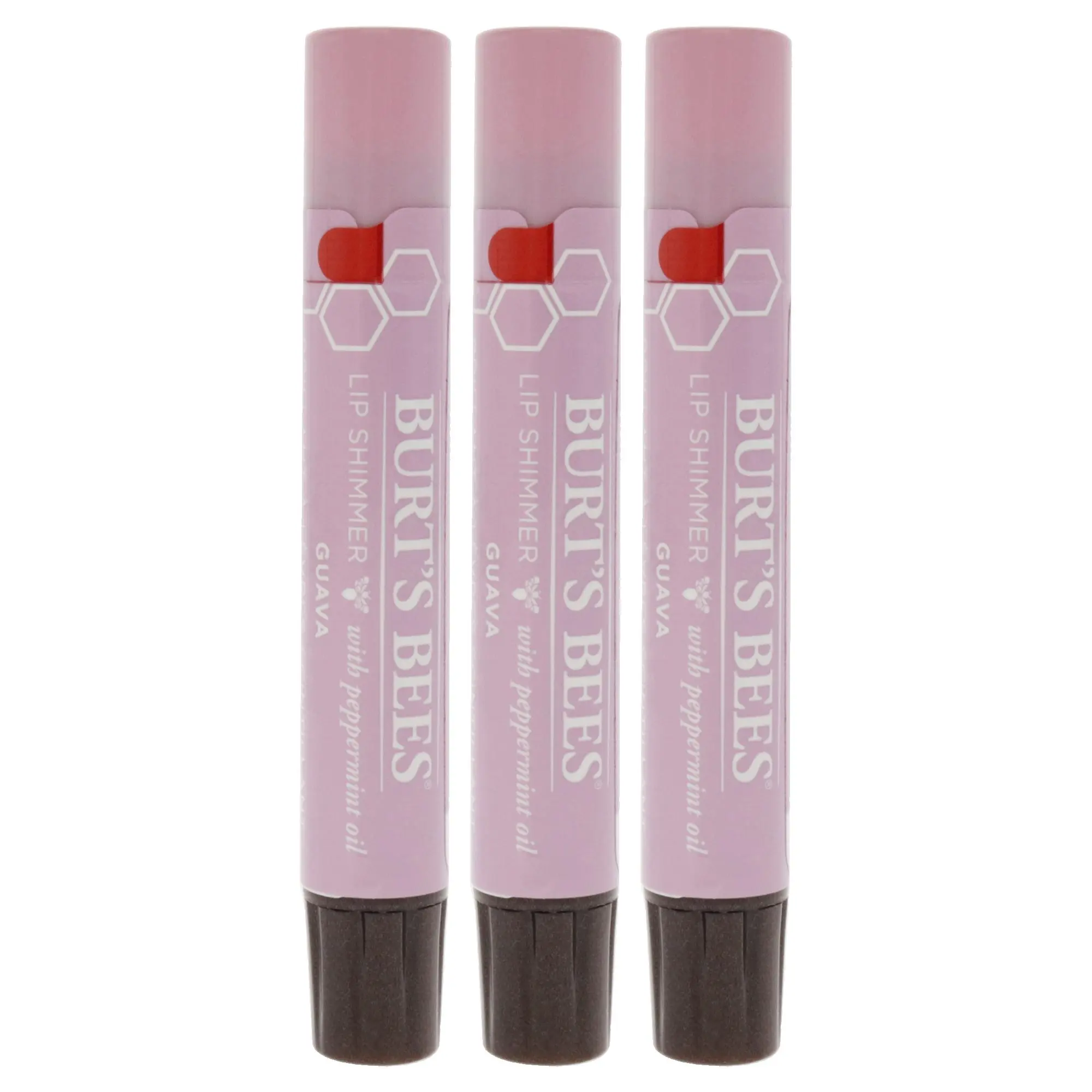 Burt's Bees Guava Lip Shimmer Makeup for Women - 0.09 oz Peppermint Oil-Infused Lipgloss, Gentle Glow, Natural Look, Radiant Shine, Oil-Enriched, Pack of 3