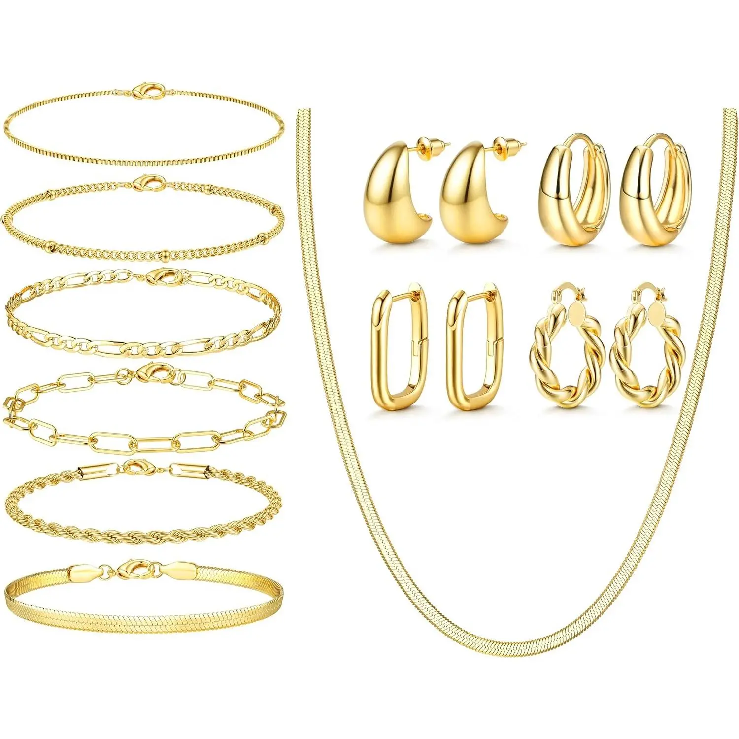 YADOCA 8/9/11 Pcs Gold Jewelry Set for Women Dainty 14K Plated Gold Chunky Hoop Earrings Bracelets Stack Herringbone Necklace Fashion Costume Accessories Women's Jewelry Set