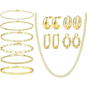 YADOCA 8/9/11 Pcs Gold Jewelry Set for Women Dainty 14K Plated Gold Chunky Hoop Earrings Bracelets Stack Herringbone Necklace Fashion Costume Accessories Women's Jewelry Set