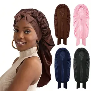Women's Elastic Tie Band Long Satin Silk Bonnet for Long Curly Hair Gentle Hair Care Sleeping Cap with Smooth Texture and Soft Inside Wavy Hairstyle Haircare Heatless Black